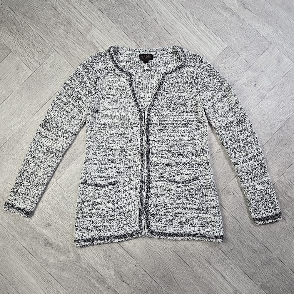 IMAN Women's Large Gray Sequin Open Front Long Sleeve Cardigan Clasps Cozy Knit